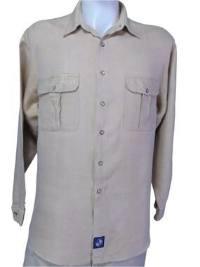 100% Silk Safari Shirt Men’s L Beige Herringbone Dual Pocket Button Down